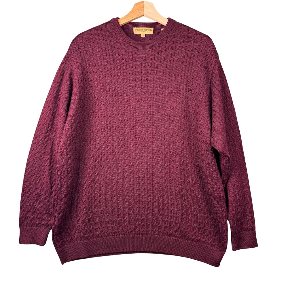 Tricots St Raphael Mens Burgundy Wool Blend Textured Knit Crewneck Sweater M